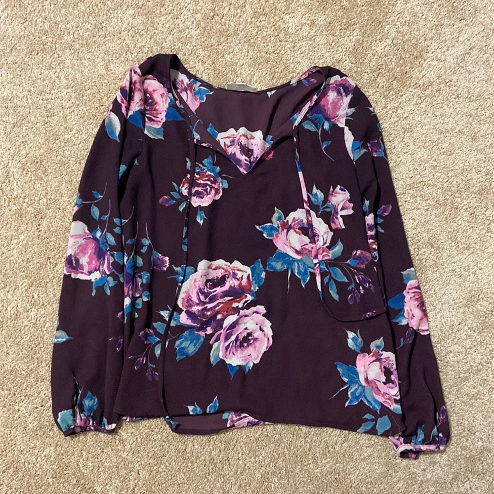 Everly Maroon Dark Purple Floral Rose Printed Blouse